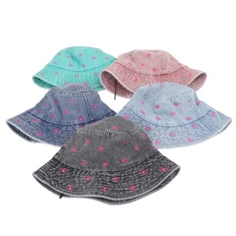 Women's Retro Butterfly Embroidered Denim Bucket Hat Water Washed Sweet Distressed Outdoor Sun Protection Casual Travel Basin Hat