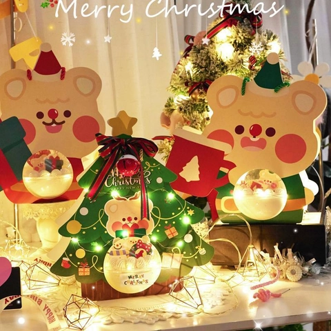 Christmas Tree Bear Shape Gift Boxes LED Lighted Mousse Ball Packaging Handheld Cardboard Festive Holiday Party Supplies