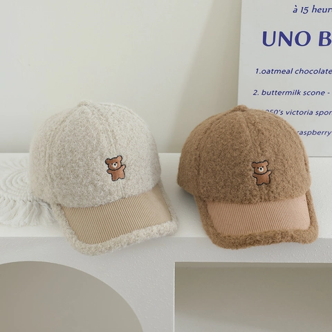 Cappello Da Baseball Invernale Caldo Bambini Lana Di Agnello Sherpa Tesa In Velluto A Coste Orso Ricamato Per Ragazzi Ragazze