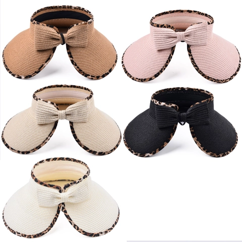 Women Straw Sun Visor Hat Empty Top Wide Brim Leopard Print Trim Bow Packable Summer Beach Travel Sun Hat For Ladies