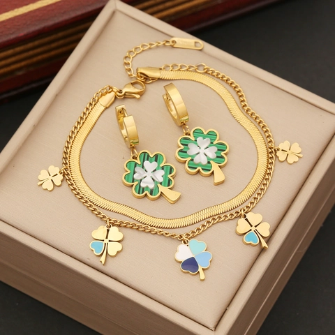 Collana Con Ciondolo A Quadrifoglio Doppio Strato In Acciaio Inossidabile Placcato Oro Smalto Gioielli Di Moda Per Donna