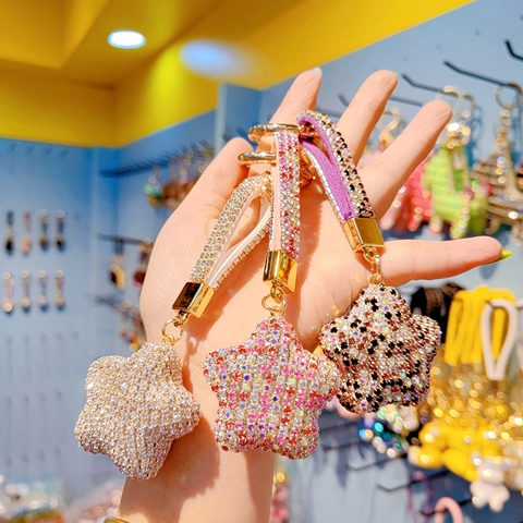 Luxe Strass Ster Sleutelhanger Voor Dames Heren Legering Ster Tas Bedel Hanger Glinsterende Kwastje Ster Sleutelring Sieraden