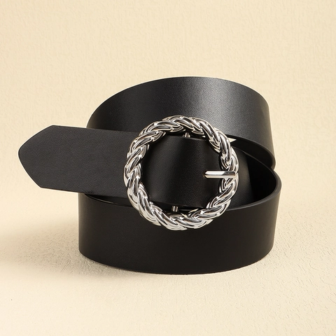 Women Vintage PU Leather Belt With Round Twisted Silver Alloy Buckle Solid Color Adjustable Waist Belt For Jeans Daily Accessory