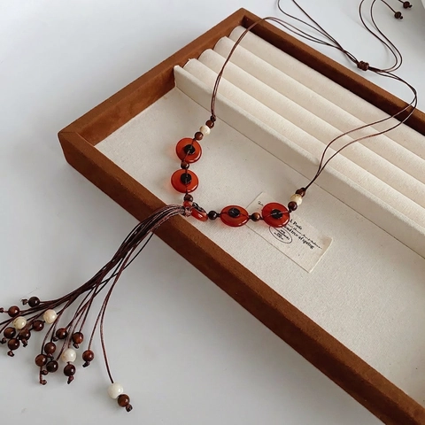 Collier Long Bohème Perles En Bois Pendentif Rond En Résine Gland Style Ethnique Vintage Chaîne Pull Pour Femmes
