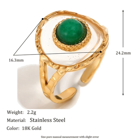 Retro French Style Open Ring Stainless Steel 18K Gold Plated Green Acrylic Gemstone Hammered Texture For Women Adjustable