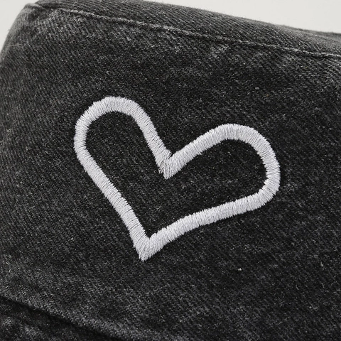 Bucket Hat Washed Cotton Denim Heart Letter Embroidery Casual Outdoor Sun Hat For Women