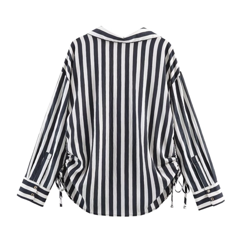 Gestreepte Blouse Dames Lange Mouwen Knoophemd Ruched Zijkoord Reverskraag V-Hals Elegant Bovenstuk Kantoor