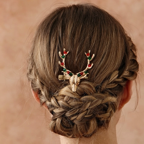 Fermaglio per Capelli a Forma di Renna di Natale Fatto a Mano in Lega d'Oro Strass Rosso Verde Perle Forcina per Capelli