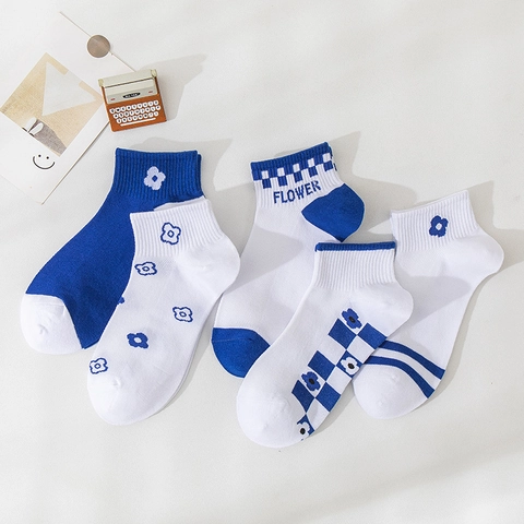 Calcetines Tobilleros Mujer Algodón Malla Transpirable Low Cut Casual Verano Flores Rayas Cuadros Azul Blanco