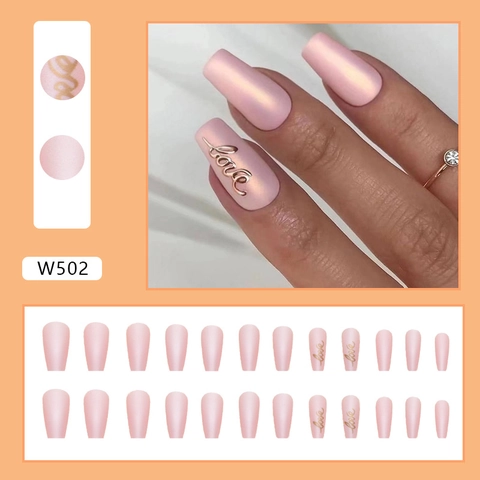 Press On Nägel Rosa Matt Gold Love Schriftzug Ballett Sarg Künstliche Nägel Lange Tragbare Nagelkunst Spitzen Für Frauen