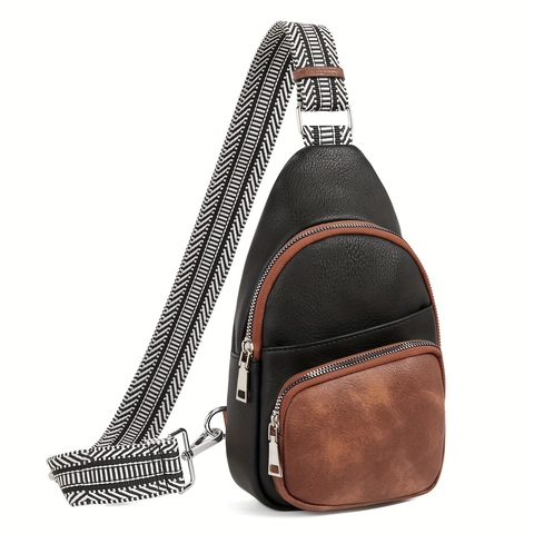 Women Sling Chest Bag PU Leather Crossbody With Geometric Woven Wide Adjustable Strap Multi Pocket Casual Simple Fashion