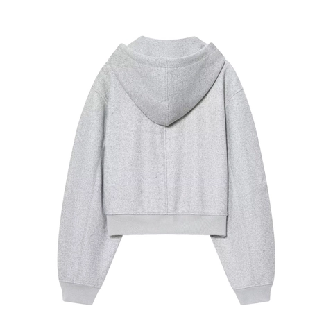 Women Soft Textured Hooded Jacket Full Zip Short Coat Solid Color Drawstring Ribbed Cuffs Casual Streetwear