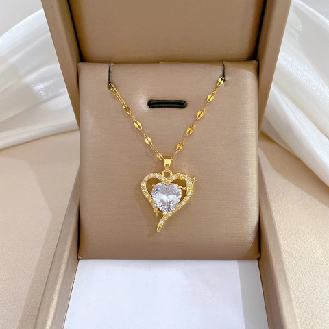 Collar Con Colgante De Corazón Cadena De Acero Inoxidable Cobre Circonita Elegante Joyas Lujo Para Mujer Chapado En Oro