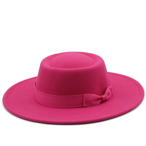 Cappello Boater In Feltro Di Lana A Tesa Larga Con Corona Piatta Elegante Jazz Fedora Con Nastro A Fiocco Per Donna Uomo