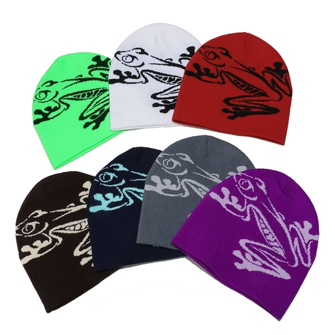Frog Jacquard Knit Beanie Hat Acrylic Warm Winter Skull Cap Streetwear Novelty Animal Pattern For Adults