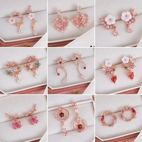 Pendientes Elegantes Flor Corazón Estrella Luna Micro Incrustado Zircón Cobre Pétalo Concha Dulce Romántico Joyería Mujeres
