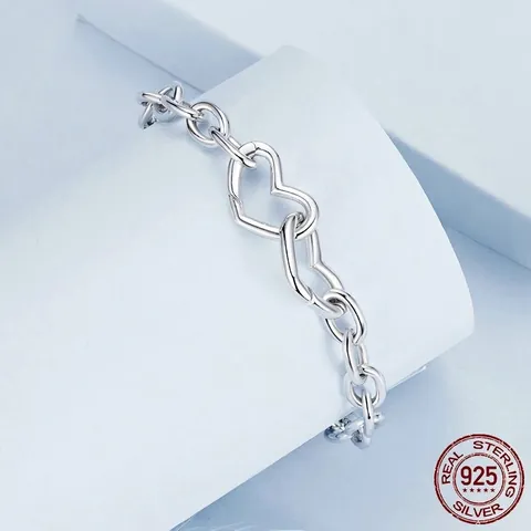 925 Sterling Silver Interlocking Heart Link Bracelet For Women Minimalist Geometric Double Heart Clasped Chunky Chain Bracelet Jewelry Gift
