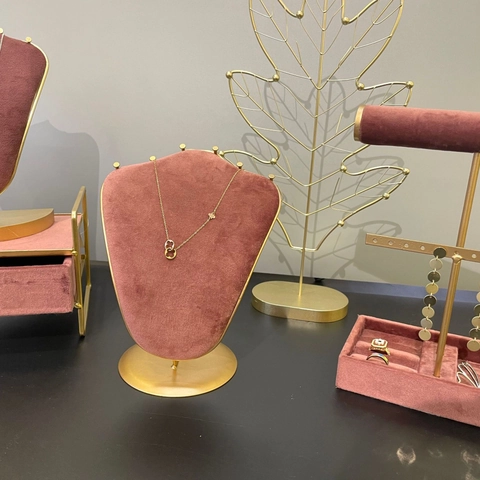 Jewelry Display Rack Stand Metal Velvet Necklace Bust Ring Earring Holder Storage Organizer Home Vanity Decor Mauve Gold