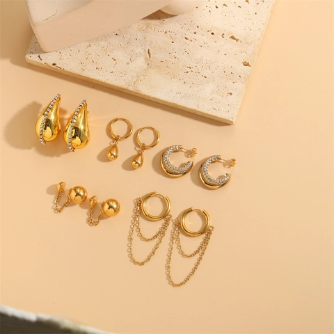 Orecchini In Acciaio Al Titanio Da Donna Placcati Oro 18K Zirconia Goccia D'acqua Forma C Nappa Palla Gioielli Retrò