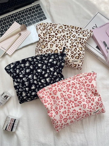 Trousse De Maquillage Imprimé Léopard Coeur Velours Côtelé Grande Capacité Portable Voyage Rangement Pour Femmes