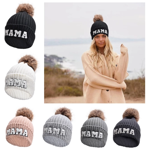 Mama Mini Papa Buchstaben Stickerei Strickmütze Mit Kunstpelz Bommel Warme Wintermütze Für Familien Outfit