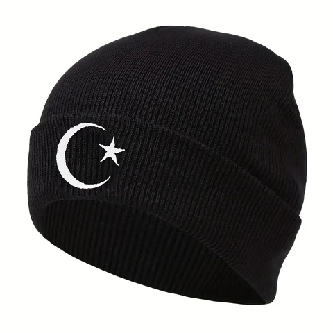 Moon Star Embroidery Knitted Beanie Hat Warm Winter Acrylic Cuffed Skull Cap For Men Women Casual Outdoor