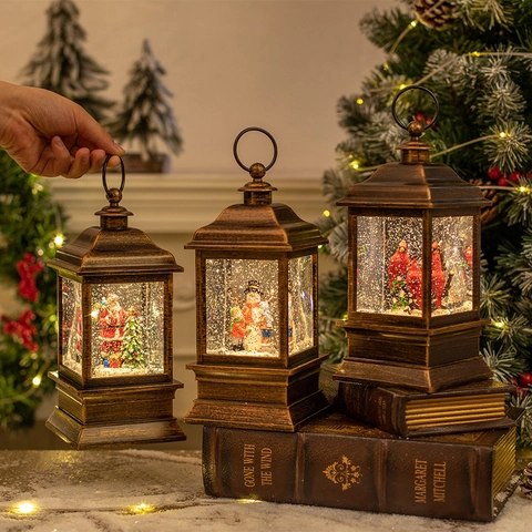Vintage Christmas Lantern Snow Globe Glitter Water Lamp Battery Operated LED Lighted Santa Snowman Cardinal Holiday Decor