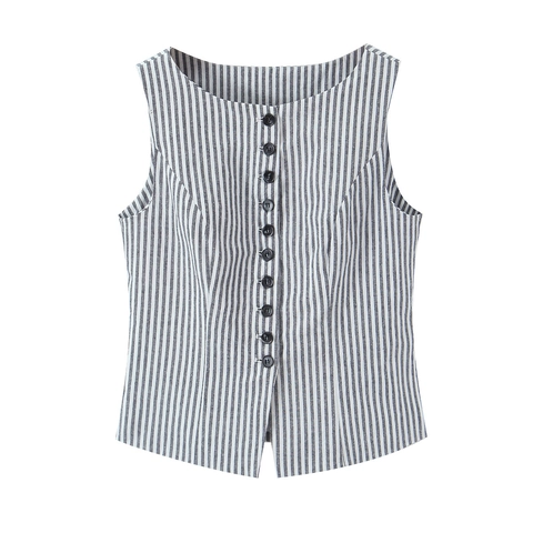 Damen Gestreifte Baumwolle Ärmellose Weste Mit Knöpfen Und Minirock Mit Hoher Taille Sommer Casual Mode Outfits