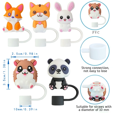Cute Cartoon Animal Silicone Straw Covers 10mm Dustproof Reusable Straw Caps For Tumbler Hamster Rabbit Panda Fox Cat Topper