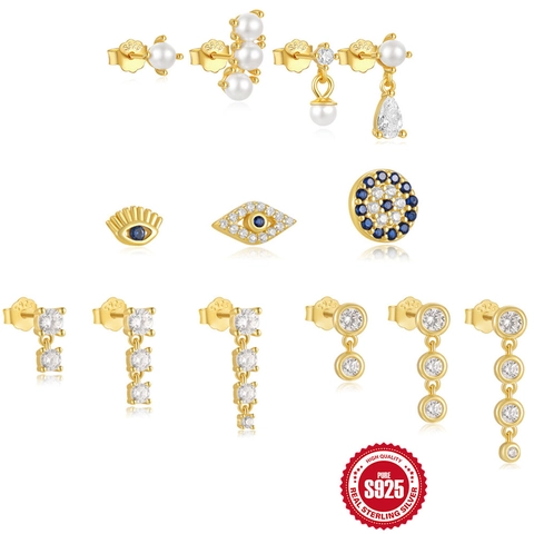 925 Sterling Silver Evil Eye Earrings For Women Gold Plated Rhinestone Artificial Pearl Stud Earrings Jewelry Accessory
