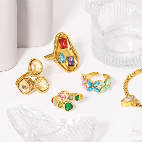 Bague Ouverte Réglable Pour Femme Acier Inoxydable Plqué Or 18K Zircon Coloré Cristal Bijoux Romantiques