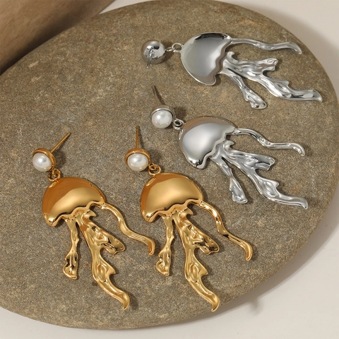 Quallen-Ohrhänger Aus Edelstahl Mit Künstliche Perle PVD-Vergoldet Ozean-Serie Hochwertiger Schmuck Für Damen