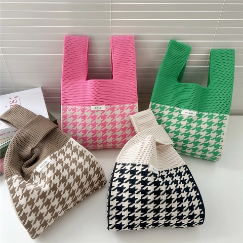 Fashionable Houndstooth Knitted Handbag For Women Contrast Color Mini Tote Wrist Bag Soft Polyester Commuting Purse