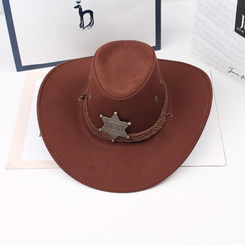 Retro Western Cowboy Hat With Sheriff Star Badge Faux Suede Wide Brim Fedora For Outdoor Travel Sun Protection Unisex Hat