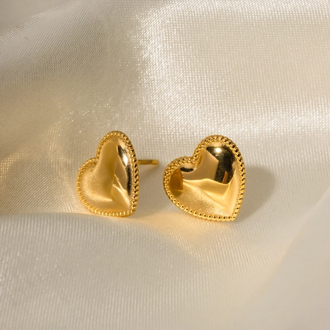 Heart Stud Earrings 18K Gold Plated Stainless Steel Beaded Edge Vintage Trendy Ins Style For Women