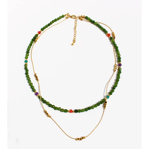 Double Layered Brass Necklace For Women Faceted Green Natural Stone Beaded Adjustable Clavicle Chain Boho Fashion Jewelry
