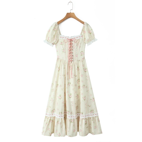Robe Longue Florale Polyester Encolure Coeur Manches Bouffantes Lacets Taille Mince Style Vintage Français Femmes