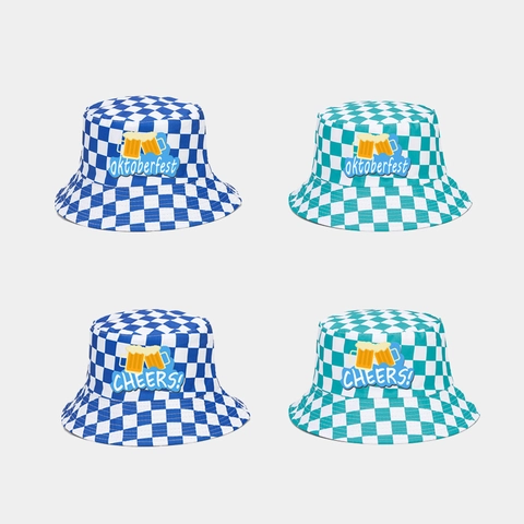 Oktoberfest Bucket Hat Polyester Checkered Pattern Munich Party Sun Protection Bavarian Style For Men Women