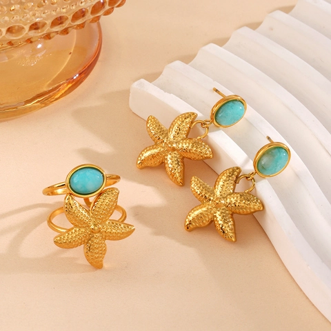 Seestern Schmuck Edelstahl Vergoldet Ozean Türkis Stil Ohrringe Und Verstellbarer Ring Sommer Strandurlaub