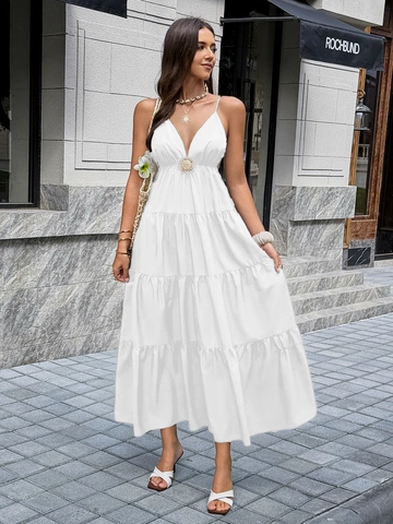 Polyester Camisole Maxi Dress For Women Elegant V Neck Backless Tiered Cake Skirt With Sun Decoration Casual Summer
