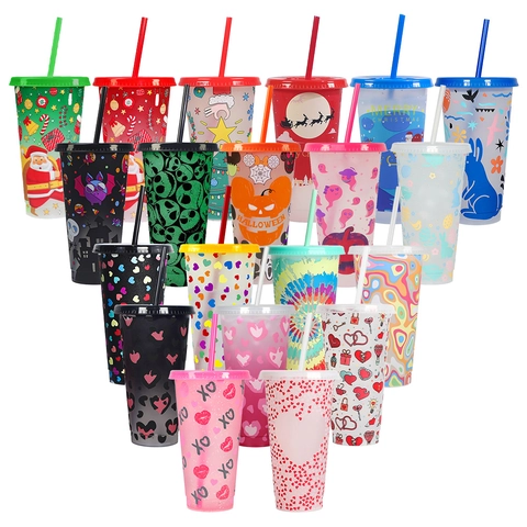 Gobelet En Plastique Changement De Couleur Avec Paille Et Couvercle Sensible Au Froid Réutilisable Noël Halloween