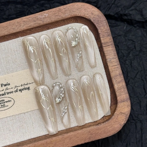 Luxury Retro Chinese Style Handmade Long Coffin Press On Nails Cat Eye Effect Rhinestones Artificial Pearls Line Art
