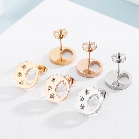 Stainless Steel Necklace And Stud Earrings Moon Star Rhinestone Inlaid Round Pendant Fashionable Accessory For Women