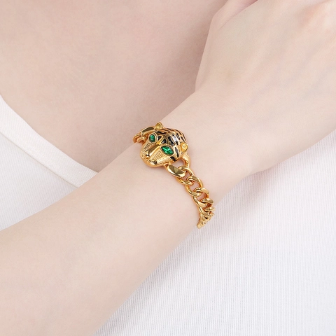 Pulsera Cabeza De Leopardo Acero Inoxidable Baño Oro 18K Estrás Verde Esmalte Cadena Eslabones Gruesos Joyas Moda Mujer