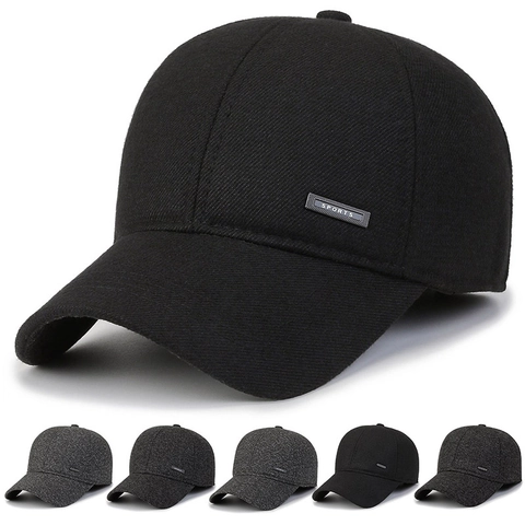 Men's Winter Baseball Cap With Ear Flaps Warm Woolen Blend Adjustable Outdoor Leisure Sport Hat Metal Plate