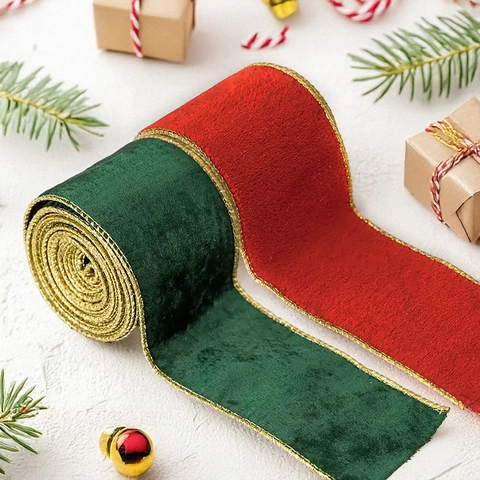 Christmas Velvet Ribbon With Gold Wired Edge Red Green Flocked Ribbon For Gift Wrapping Christmas Tree Decor DIY Craft