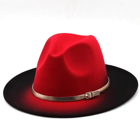 Breedgerande Fedora Hoed Wolvilt Ombre Gradiënt Met Metalen Gesp Riem Vintage Britse Jazz Hoed Voor Heren Dames