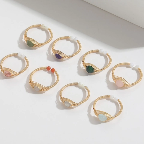 Naturstein Handgefertigter Drahtgewickelter Ring Kupfer 14K Vergoldet Verstellbar Offener Boho Schmuck Für Damen
