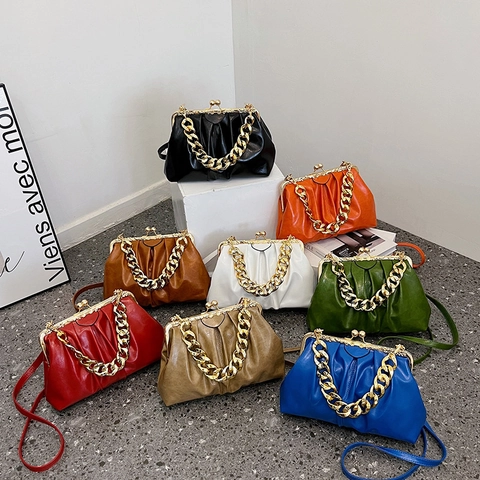 Sac Bandoulière En Cuir PU Plissé Avec Chaîne Dorée Sac À Main Vintage Ruched Rétro Sac À Épaule À Clip Pour Femmes