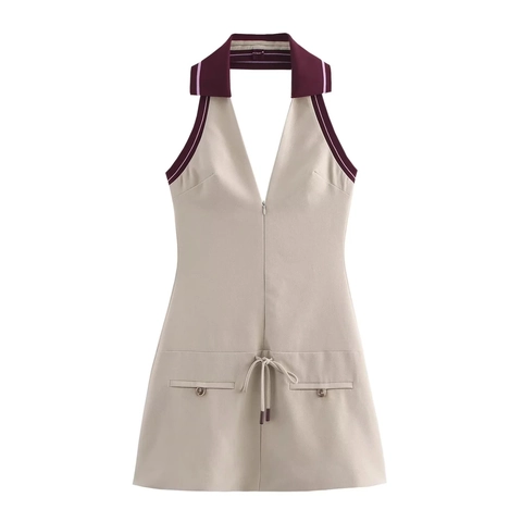 Vestido Corto Halter Poliéster Sin Mangas Cuello V Cremallera Cintura Con Cordón Color En Contraste Chic Mujer